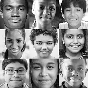 3 by 3 black and white grid of children's faces