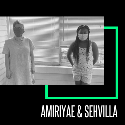 Little Sister Amiriyae on the right and Big Sister Sehvilla on the left, wearing masks and standing several feet away from one another