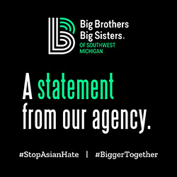 BBBS Logo on a black background with green and white text reading, "A statement from our agency," above "#StopAsianHate | #BiggerTogether"