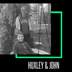 Photo of Little Brother Huxley sitting in a tire swing with Big Brother John standing behind. Black and white image; text reading "Huxley & John" at the bottom.