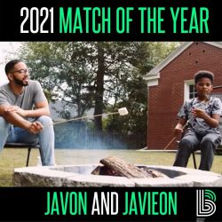 Javon and Javieon are sitting outside near campfire, roasting marshmallows.