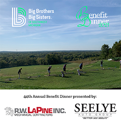 5 golfers on a driving range above text reading, "44th Annual Benefit Dinner presented by:" with R.W. LaPine, Inc. and Seelye Auto Group's logos