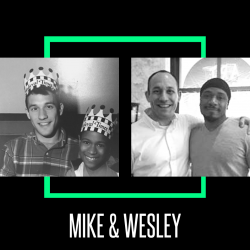 On the left: A black and white photo of Mike and Wesley from when they were matched in the '90s. They are both wearing paper crowns and smiling. On the right, a black and white photo of Mike and Wesley, present day. They are both smiling.