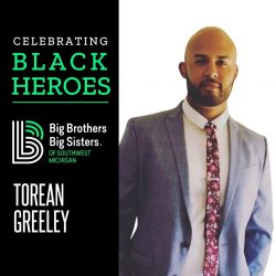 Left: "Celebrating Local Black Heroes" on top of the BBBS logo, and "Torean Greeley" listed beneath. On the right, Torean Greeley stands in a blue blazer, looking at the camera.