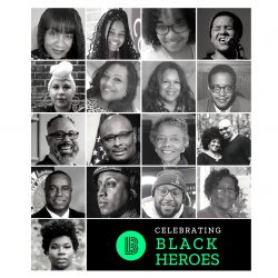 A black and white collage of the 17 Local Black Heroes we highlighted in February 2021, with 