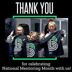 A photo of three Littles holding up their new BBBS shiirts and the text, "Thank you for celebrating National Mentoring Month with us!"