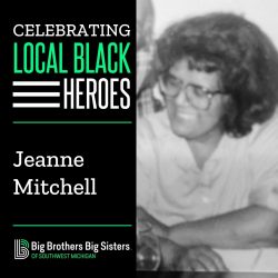 On the left, "Celebrating Local Black Heroes" on top of the name "Jeane Mitchell", on top of the BBBS logo. On the right is a black and white photo of Jeanne, smiling.