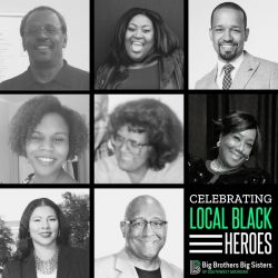 A black and white photo grid of all 8 of the Local Black Heroes we highlighted in February 2022. In the bottom right hand corner is the Local Black Heroes logo on top of the horizontal BBBS logo.