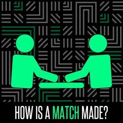 Two green animated people sit across from one another. Across the bottom it says "How Is A Match Made?"