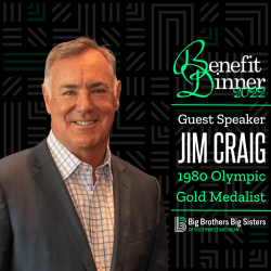 On the left, Jim Craig smiles at the camera. On the right is the Benefit Dinner 2022 logo on top of the words "Guest Speaker (next line) JIm Craig (next line) 1980 Olympic (next line) Gold Medalist." Beneath all of that is the horizontal BBBSMI logo.