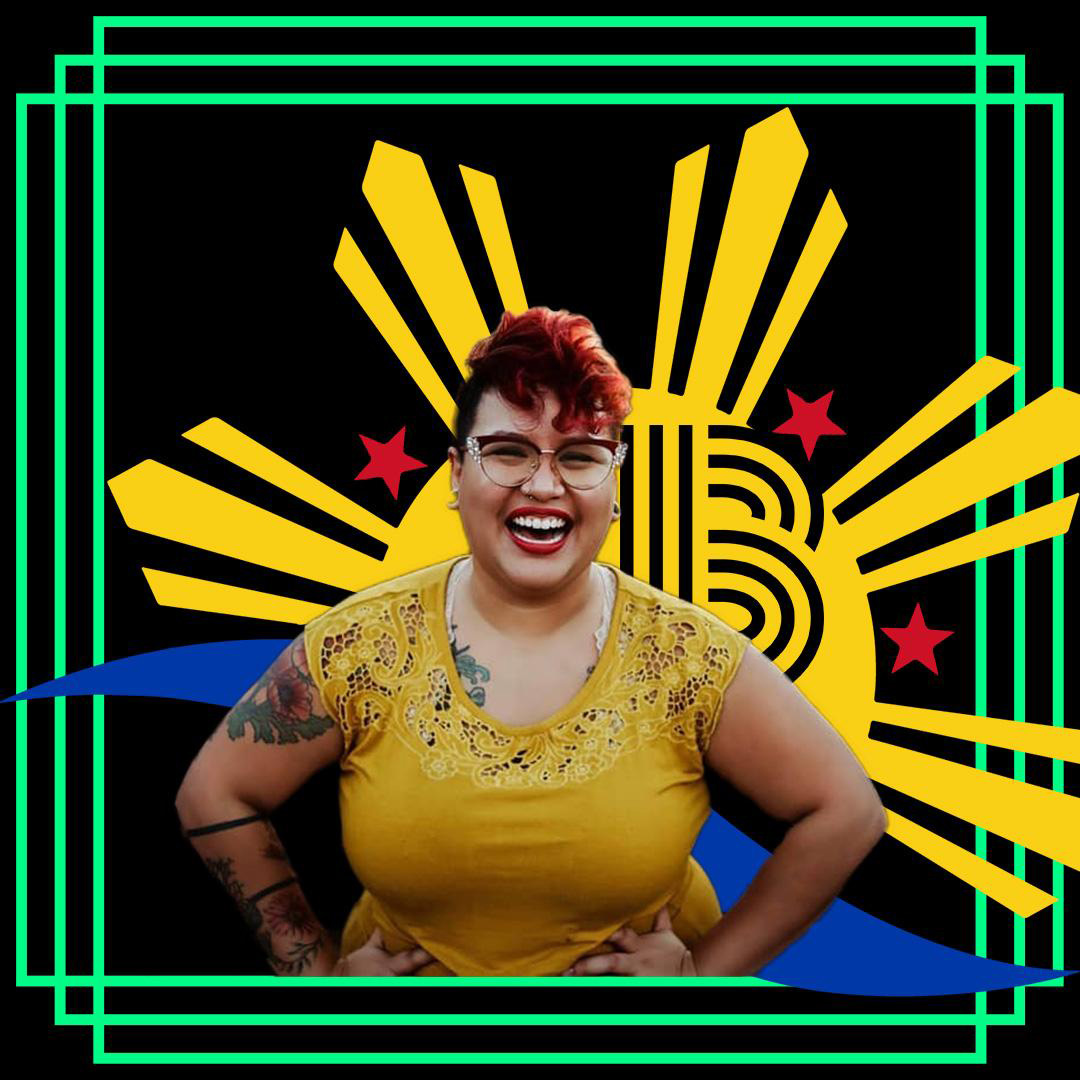 Portrait of Jessie Reyes in front of stylized art echoing elements of the Filipino flag
