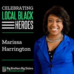 On the left are the words "Celebrating Local Black Heroes." Underneath that is the name Marissa Harrington. At the bottom is the horizontal BBBS logo. On the right, Marissa Harrington smiles at the camera, wearing a blue top.
