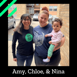 Amy, Chloe, and Chloe's daughter Nina stand outside, smiling at the camera. Across the bottom are their names, 