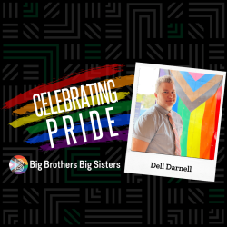 On the left are the words "Celebrating Pride" laid overtop a painted rainbow smear. Beneath it is the Intersection Pride BBBS logo. On the right is a photo of Dell Darnell standing in front of the Intersectional Flag in a polaroid style frame.