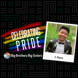 The photo shows J. Kyon a member of the LGBTQ community with text to the left that says 