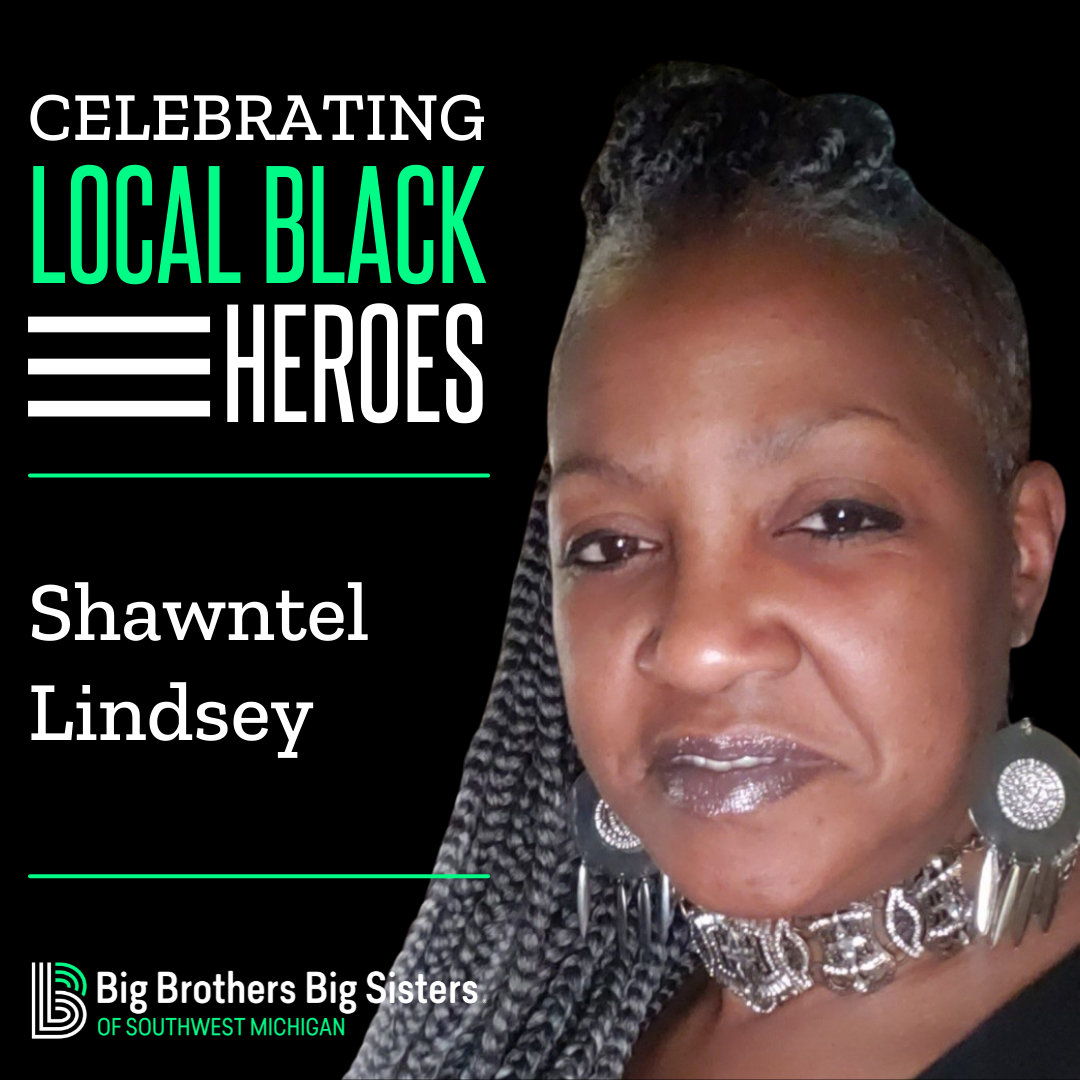 On the right is a photo of Shawntel looking at the camera. To the left is the logo for Celebrating Local Black Heroes, on top of the name Shawntel Lindsey," on top of the horizontal BBBS logo.