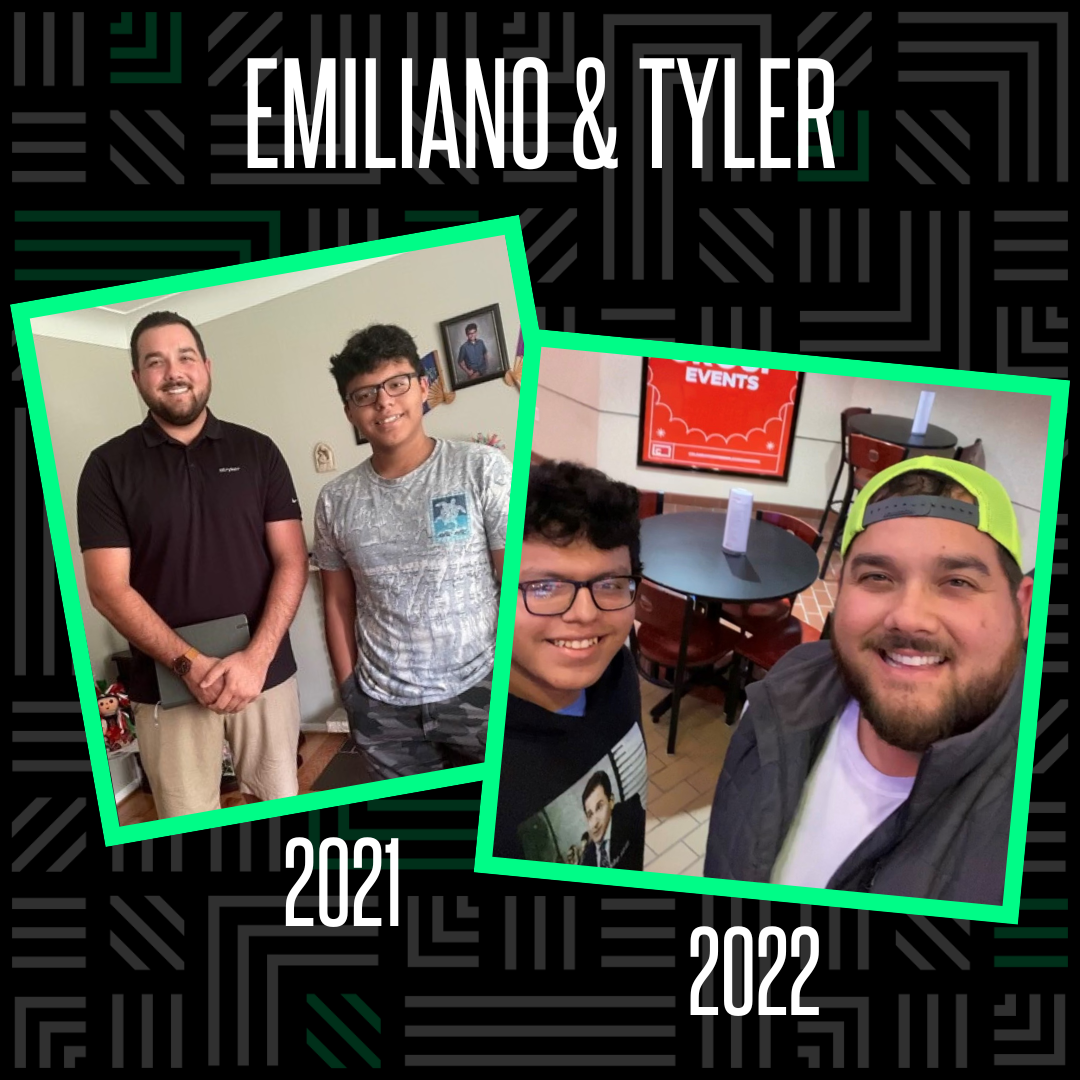 Two photos of Emiliano and Tyler. The one of the left is from 2021, and on the right is a selfie from 2022. Both photos are framed in BBBS green, and it says 
