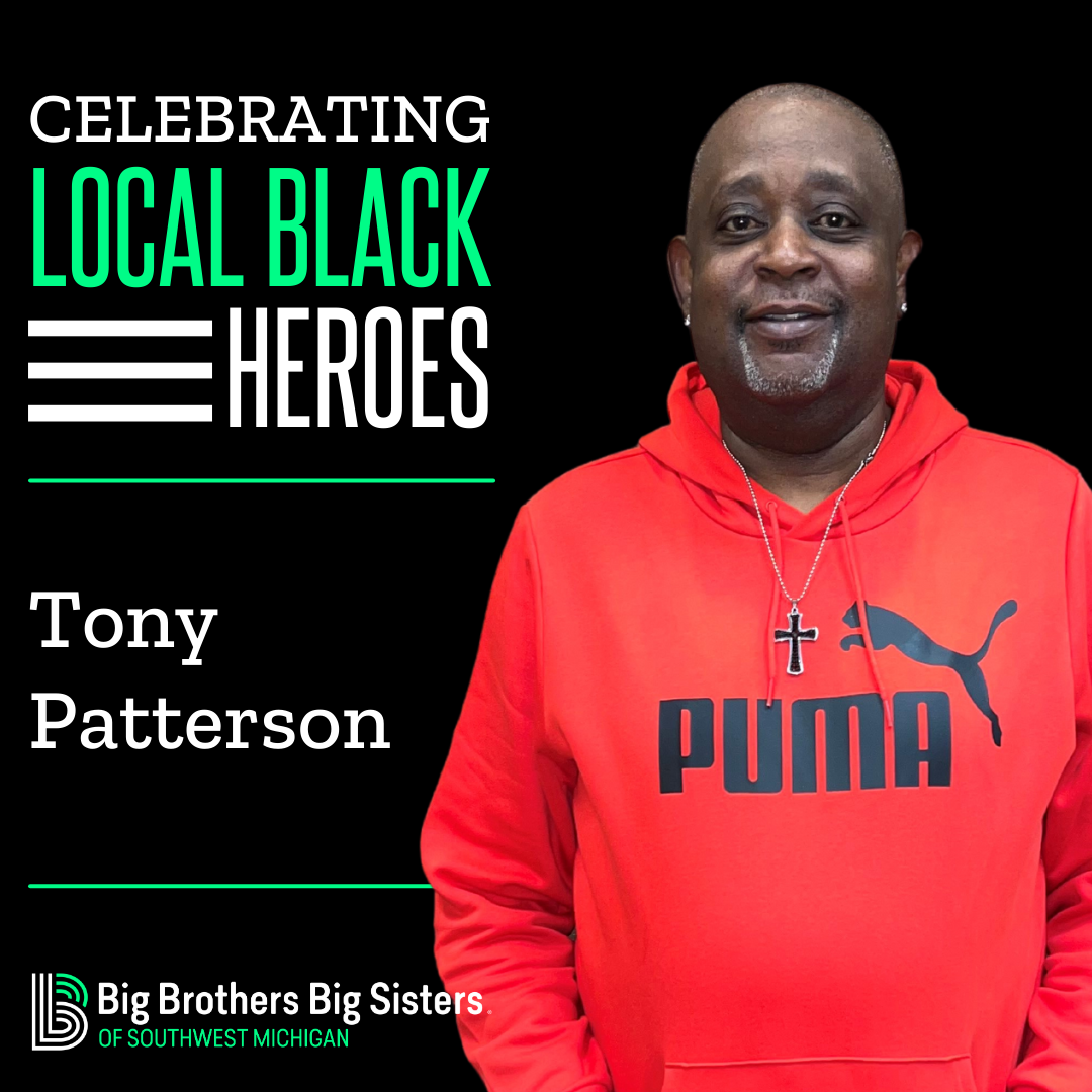 On the right is a photo of Tony Patterson wearing a red PUMA hoodie, smiling at the camera. To the left is the logo for Celebrating Local Black Heroes, on top of the name Tony Patterson on top of the horizontal BBBS logo.