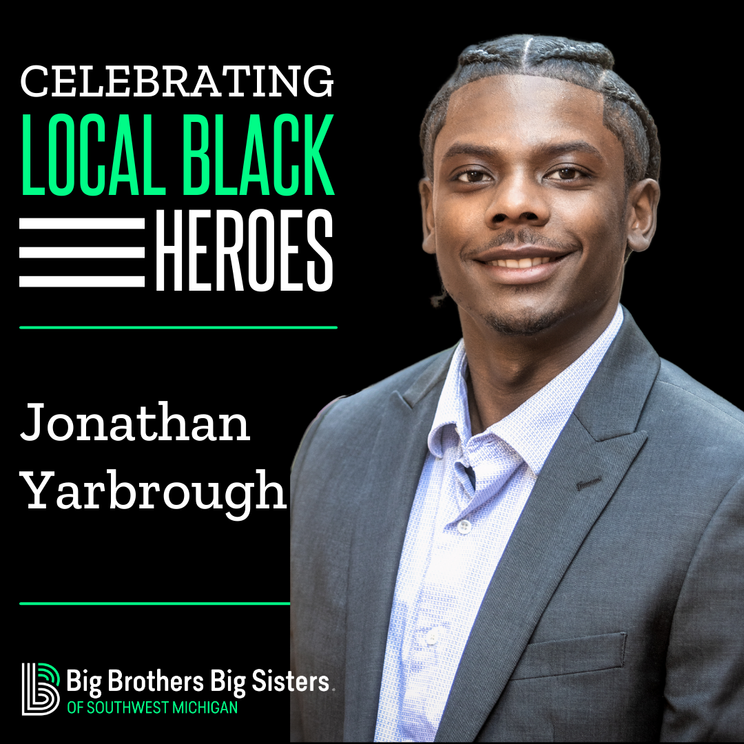 On the left: Celebrating Local Black Heroes, Jonathan Yarbrough, on top of the horizontal BBBSMI logo. On the right, a headshot of Yarbrough smiling at the camera, wearing a gray blazer.