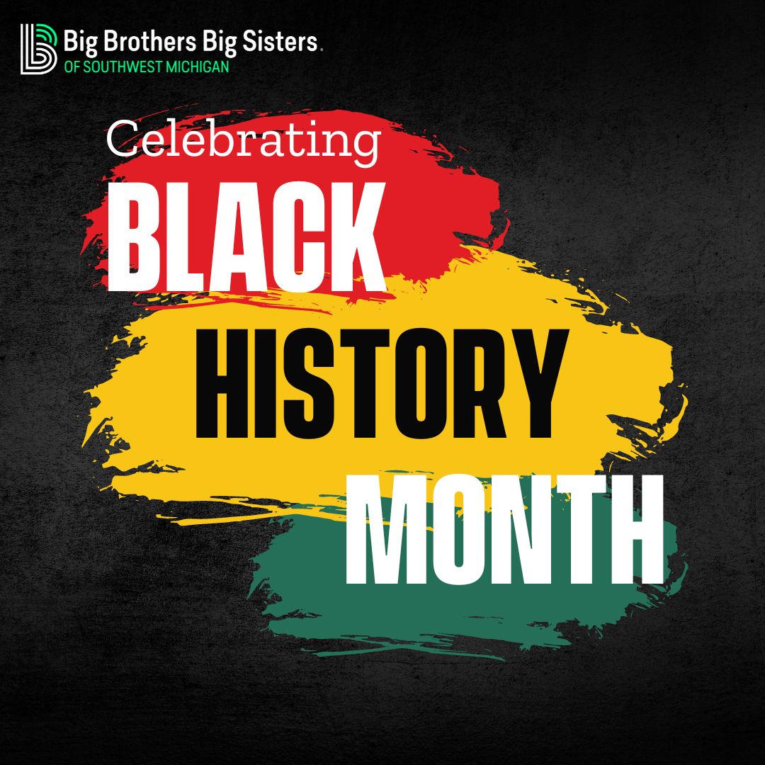 Upper lefthand corner: the horizontal BBBSMI logo. The words "Celebrating Black History Month" are in the center, with a red, yellow, and green background.