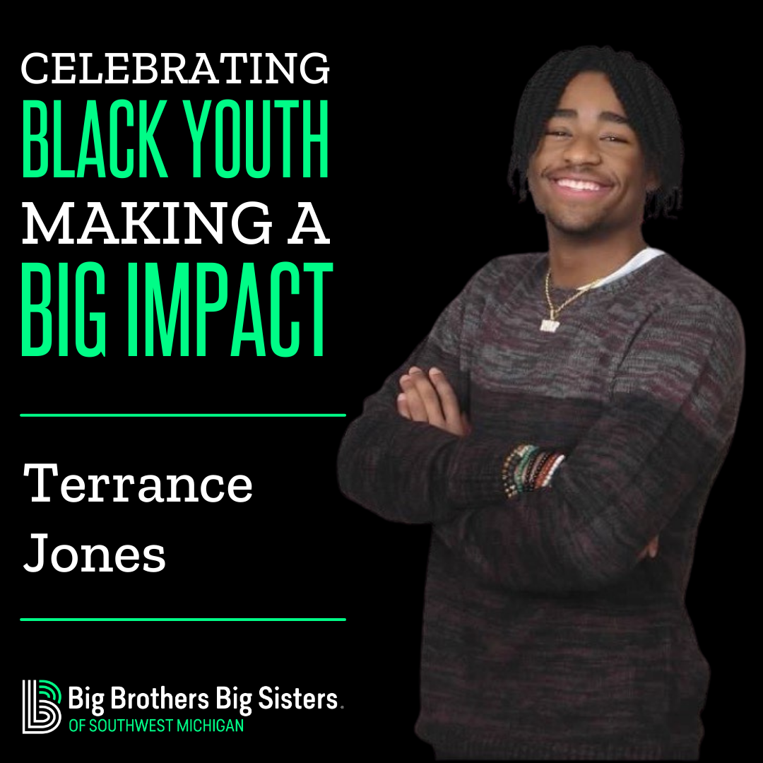 On the left: "Celebrating Black Youth Making a Big Impact" on top of the name "Terrance Jones" on top of the horizontal BBBSMI logo. To the right is Terrance, smiling at the camera, arms crossed.