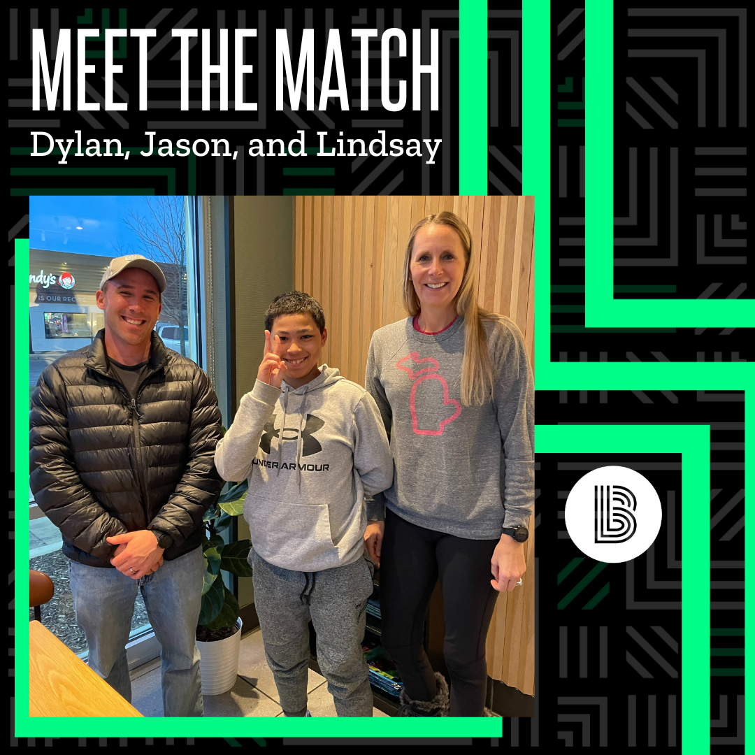 Jason, Dylan, and Lindsay stand next to each other, smiling at the camera making silly hand signals. Across the top of the photo are the words "Meet the Match | Dylan, Jason, and Lindsay". To the right of their photo is the white BBBS logo bug.