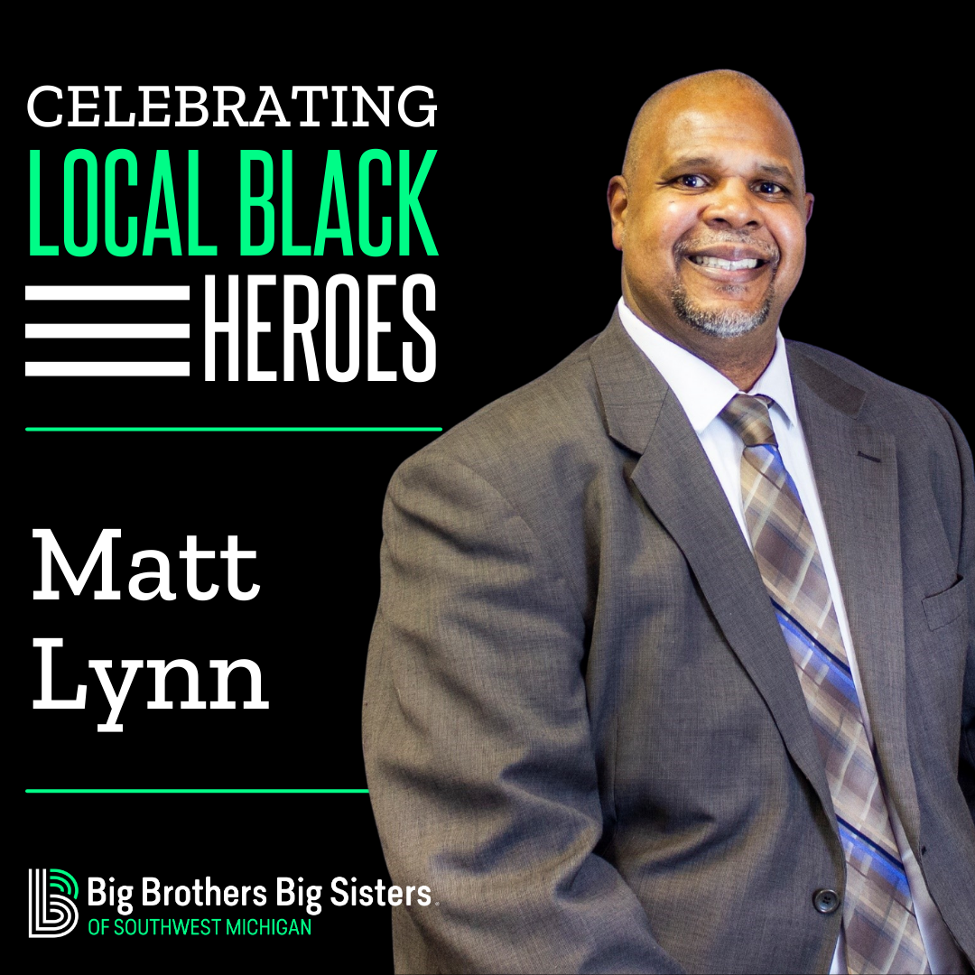 On the left: Celebrating Local Black Heroes, Aubrey Jewel Rodgers, on top of the horizontal BBBSMI logo. On the right, a headshot of Matt Lynn smiling at the camera.