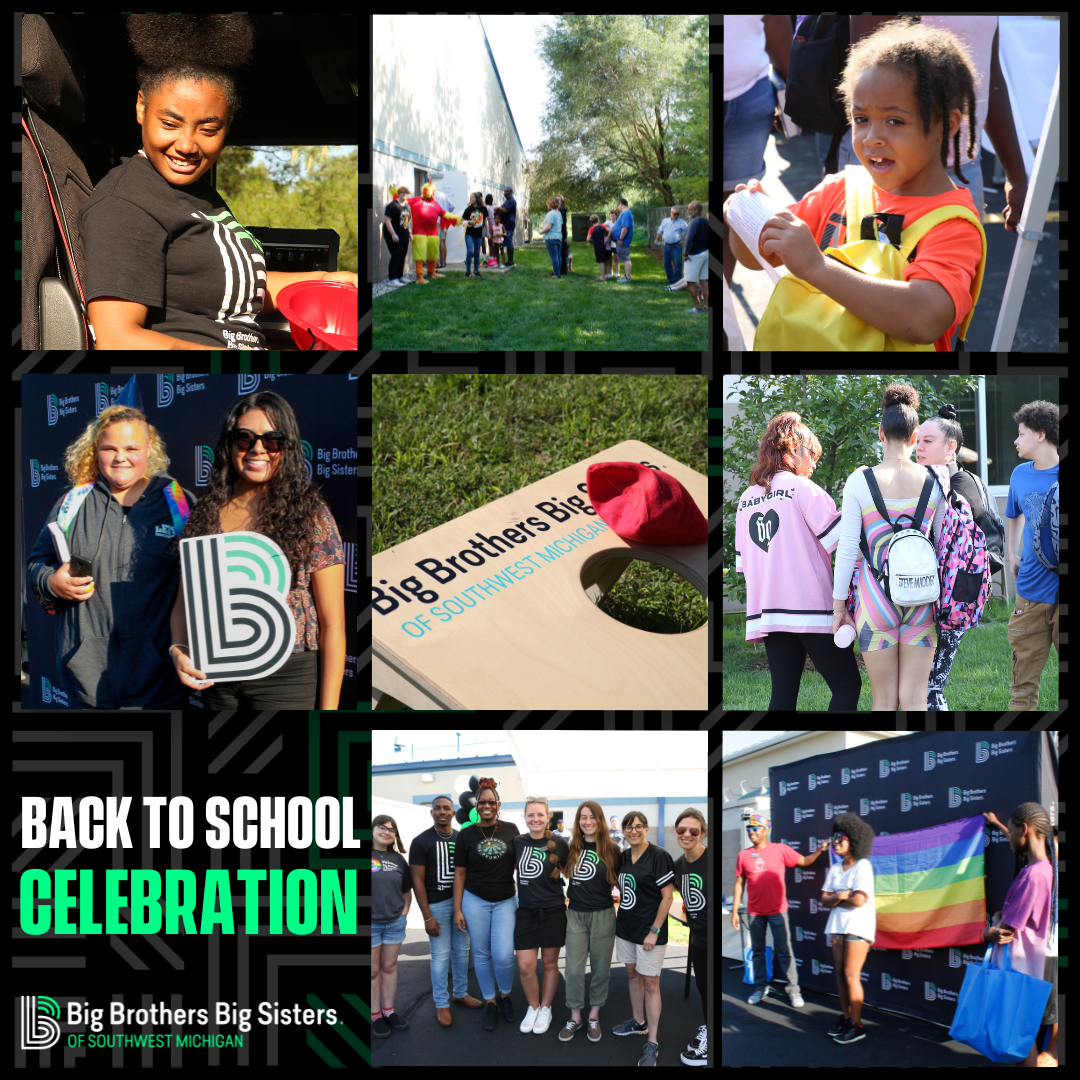 A photo grid of 8 photos from B2SC. In the lower left hand corner it says "Back to School Celebration" on top of the horizontal BBBS logo.