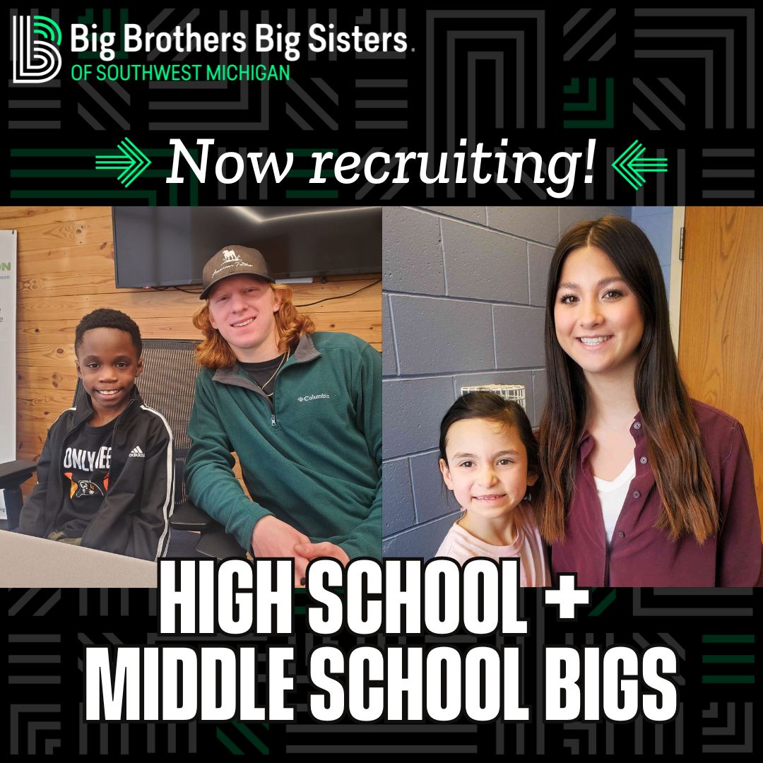 Upper left hand corner: BBBS horizontal logo Across the top in the center it says "Now recruiting!' Beneath that are two photos of two matches smiling at the camera. Beneath are the words "High School + Middle School Bigs"