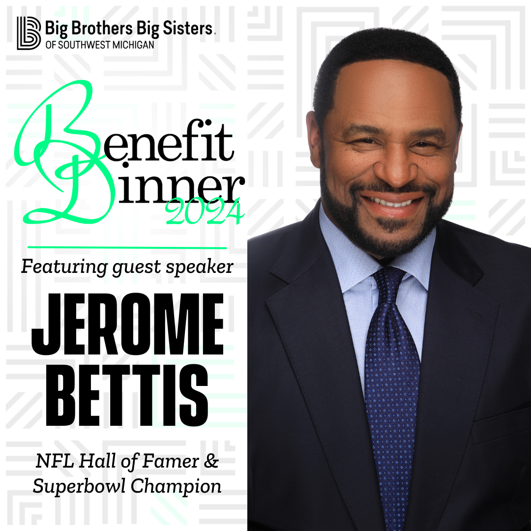 On the right is a headshot of Jerome Bettis, smiling at the camera wearing a black blazer and a blue shirt and blue tie. On the left is the horizontal, all black BBBSMI logo above the 2024 Benefit Dinner logo. Beneath that are the words "Featuring Guest Speaker Jerome Bettis, NFL Hall of Famer & Superbowl Champion"