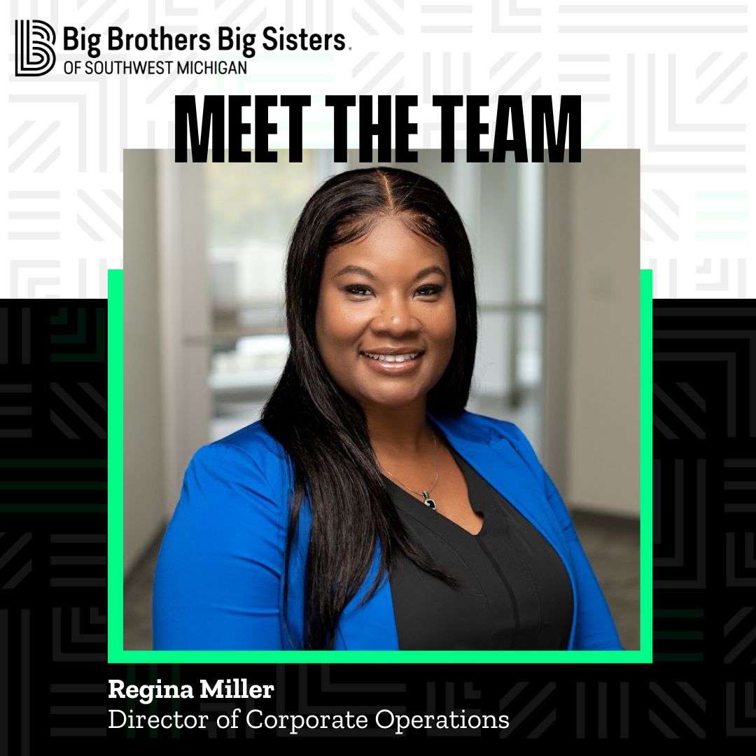 Upper left hand corner: The all-black horizontal BBBSMI logo. In the center is a headshot of Regina Miller, smiling at the camera, wearing a blue blazer and a black blouse. Above her are the words "Meet the Team." In the lower left hand corner are the words "Regina Miller, Director of Corporate Operations"