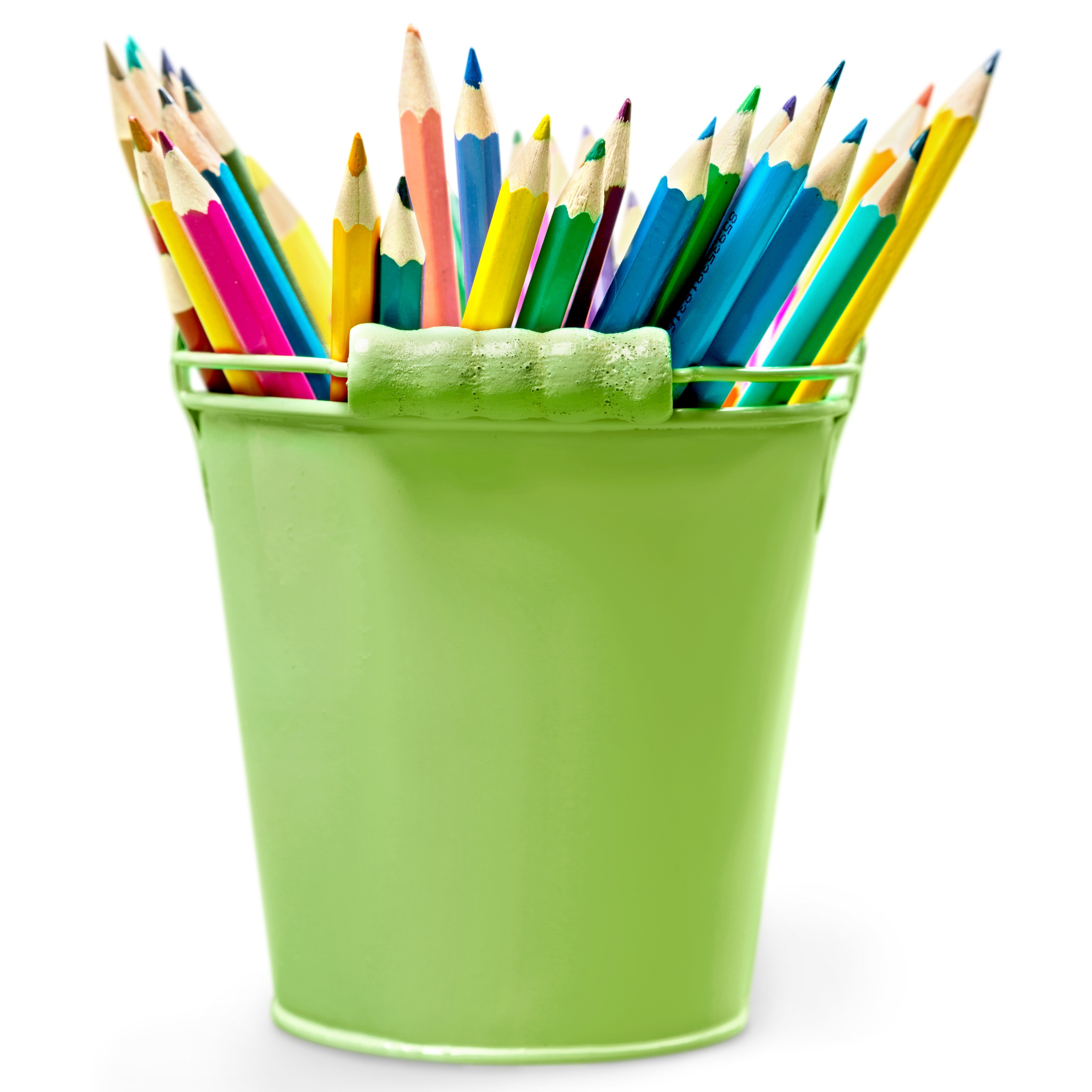 A green bucket of colored pencils