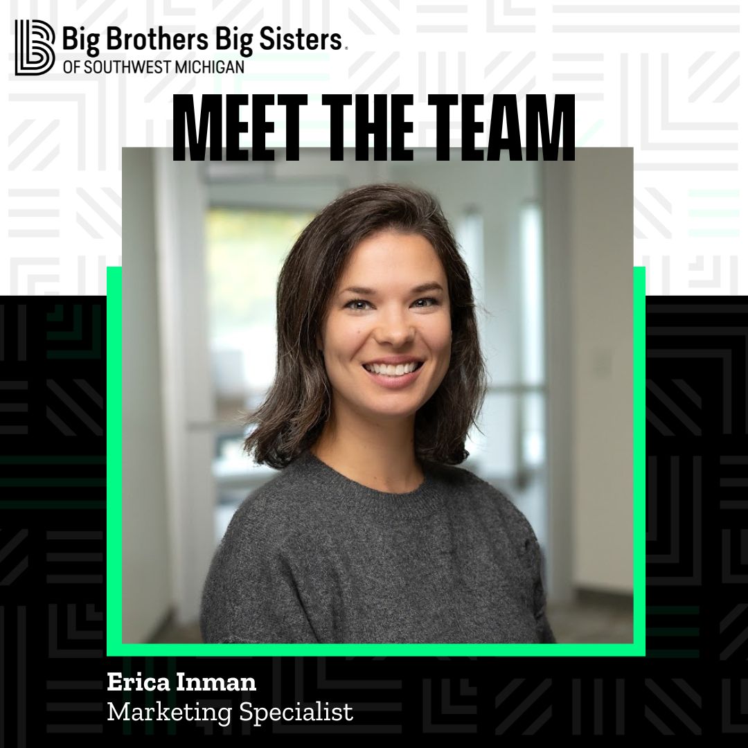Upper left hand corner: The all-black horizontal BBBSMI logo. In the center is a headshot of Erica Inman, smiling at the camera, wearing a gray sweater. Above her are the words "Meet the Team." In the lower left hand corner are the words "Erica Inman, Marketing Specialist"